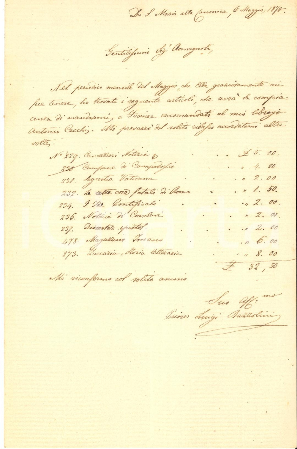 1870 GREVE IN CHIANTI - S. Maria alla Canonica - Luigi RAZZOLINI ordina libri