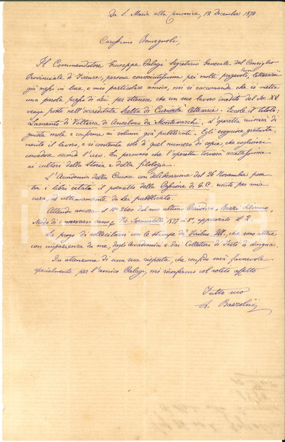 1878 GREVE IN CHIANTI - Priore Luigi RAZZOLINI raccomanda Giuseppe Palagi *Foto