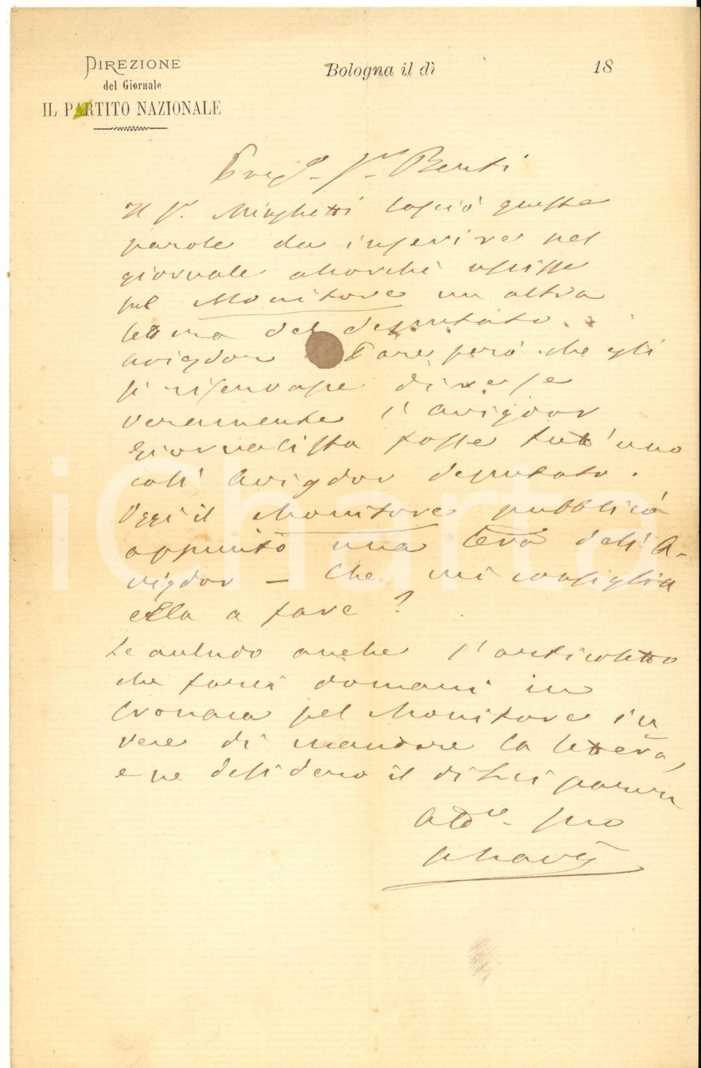 1865 ca BOLOGNA "Il Partito Nazionale" - Lettera Aristide RAVA' - AUTOGRAFO