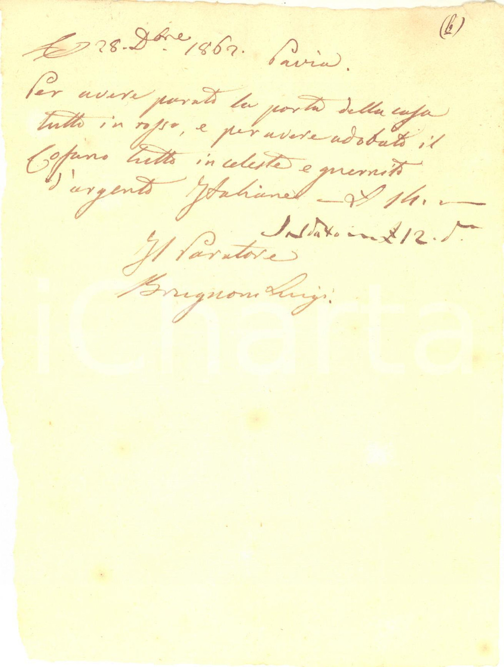 1862 PAVIA Ricevuta del paratore Luigi BRUGNONE per addobbo porta e cofano