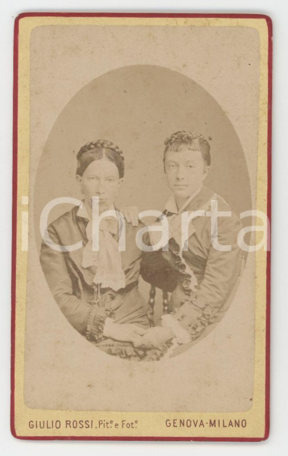 1875 ca GENOVA Ritratto di due sorelle con abito uguale *Foto GIULIO ROSSI CDV Fotografia d'epoca montata su cartoncino rigido.FOTOGRAFO: Giulio Rossi - Genova  GOOD/buono  FORMATO: 6x10 cm originale e autentica 1