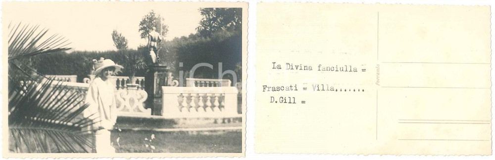 1930 ca FRASCATI (RM) Donna nei giardini di una villa - Foto 14x9 cm  Vera fotografia d'epoca, in formato cartolina postale, con didascalia dattiloscritta al verso. GOOD/buono  Formato: 14x9 cm originale e autentica 1