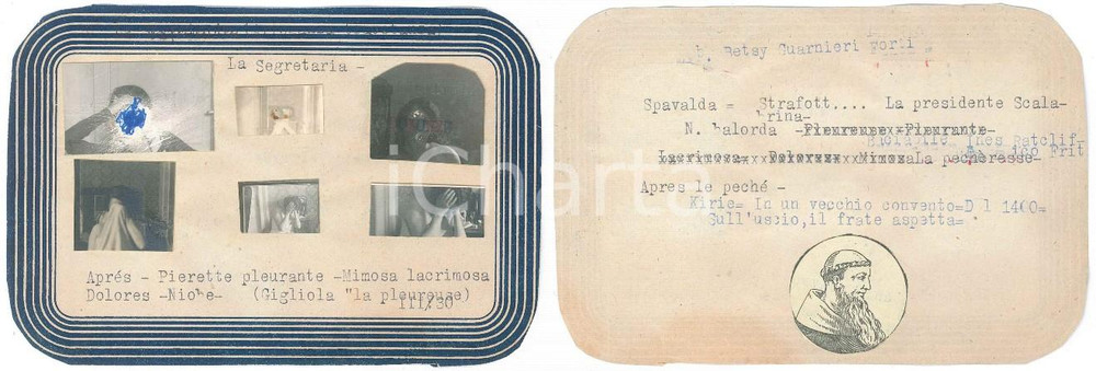 1930 ITALIA La Segretaria nel pianto - VERE FOTO su biglietto 15x10 cm  Curioso biglietto cartaceo d'epoca, sul quale &egrave; stato realizzato un montaggio di piccole fotografie che ritraggono una donna piangente. GOOD/buono  Formato: 15x10 cm originale e autentica 1