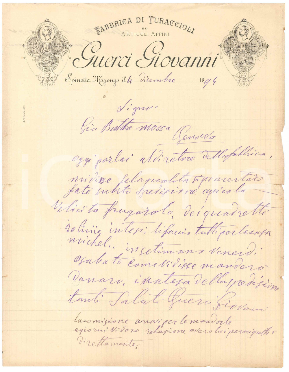 1894 SPINETTA MARENGO/ALESSANDRIA - Giovanni GUERCI Turaccioli - Lettera (2) Lettera commerciale d'epoca manoscritta, su carta intestata.PAGINE: 1 POOR/danneggiato piegature d'epoca; bruniture e strappi marginali; lievi fioriture Formato: 22x29 cm originale e autentica 1