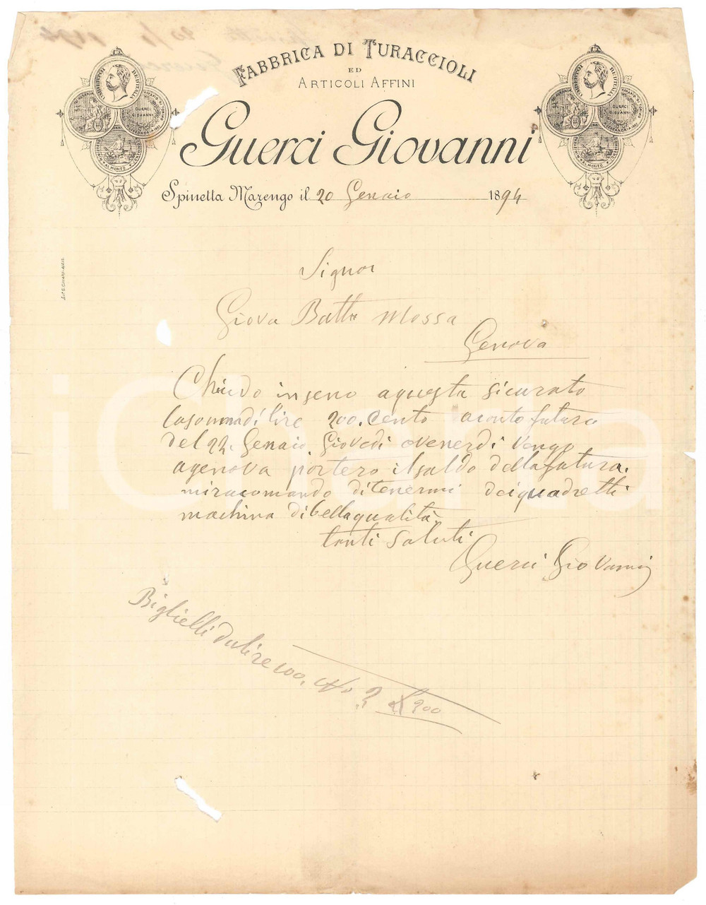 1894 SPINETTA MARENGO/ALESSANDRIA - Giovanni GUERCI Turaccioli - Lettera (1)