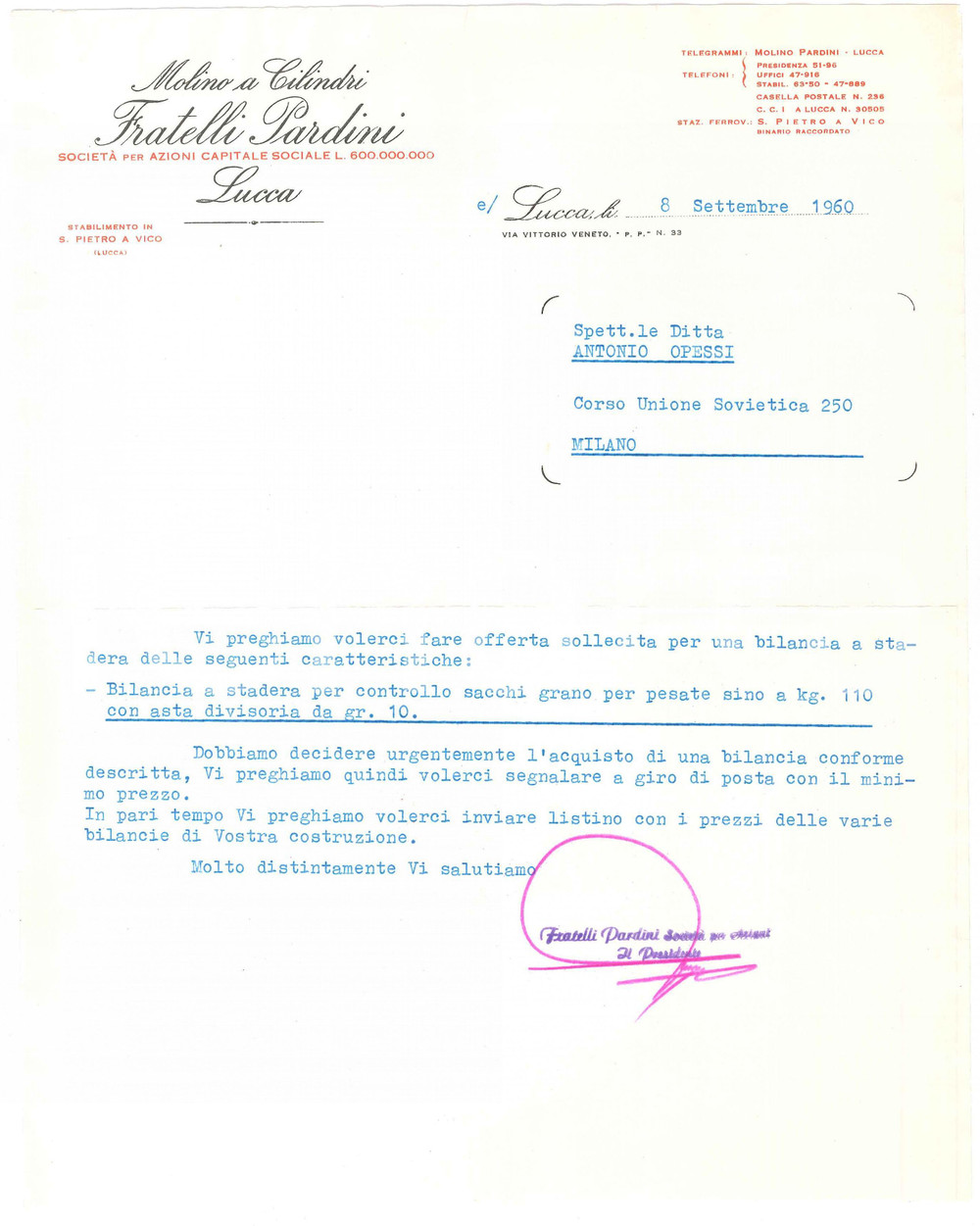 1960 LUCCA - Fratelli PARDINI Molino a Cilindri - Lettera commerciale (2)