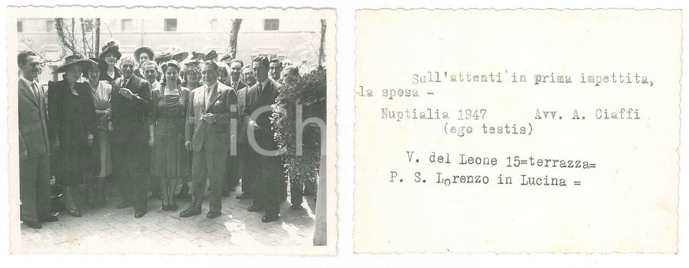 1947 ROMA Piazza di S. Lorenzo in Lucina - Nozze avv. CIAFFI - Foto 11x8 cm  Vera fotografia d'epoca, con didascalia dattiloscritta al verso. GOOD/buono  Formato: 11x8 cm originale e autentica 1