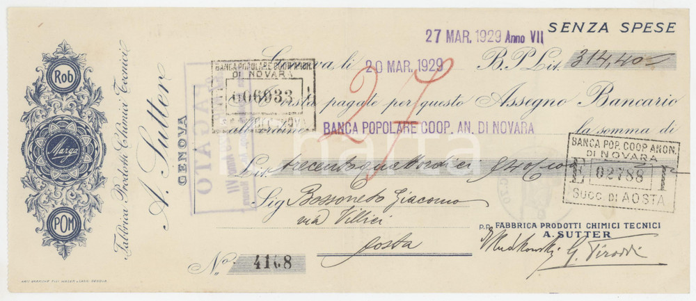 1929 GENOVA - Prodotti Chimici ROB MARGA POM - Assegno bancario pubblicitario