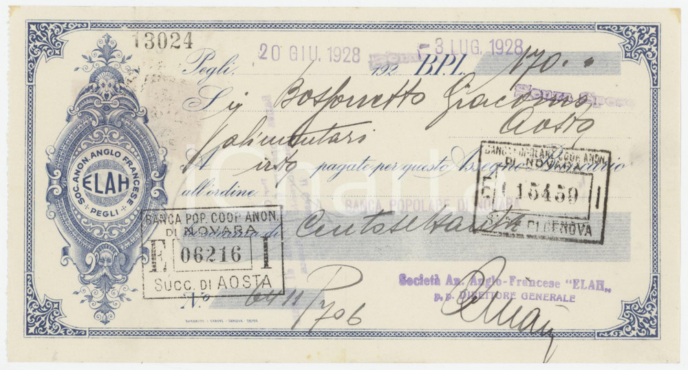 1928 GENOVA PEGLI Società ELAH *Assegno bancario pubblicitario