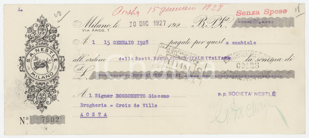 1927 MILANO S.A. NESTLÉ - Cambiale pubblicitaria
