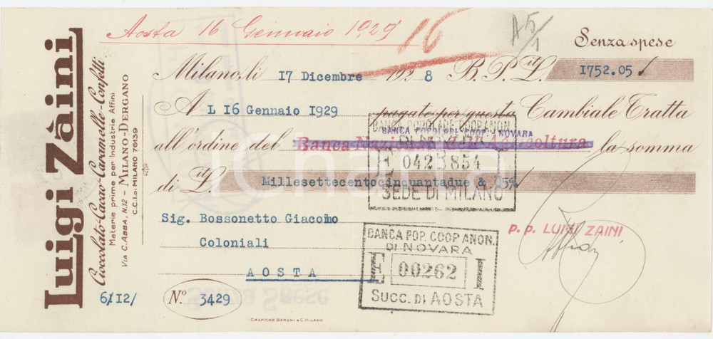 1929 MILANO Luigi ZÀINI Cioccolato e cacao - Cambiale pubblicitaria