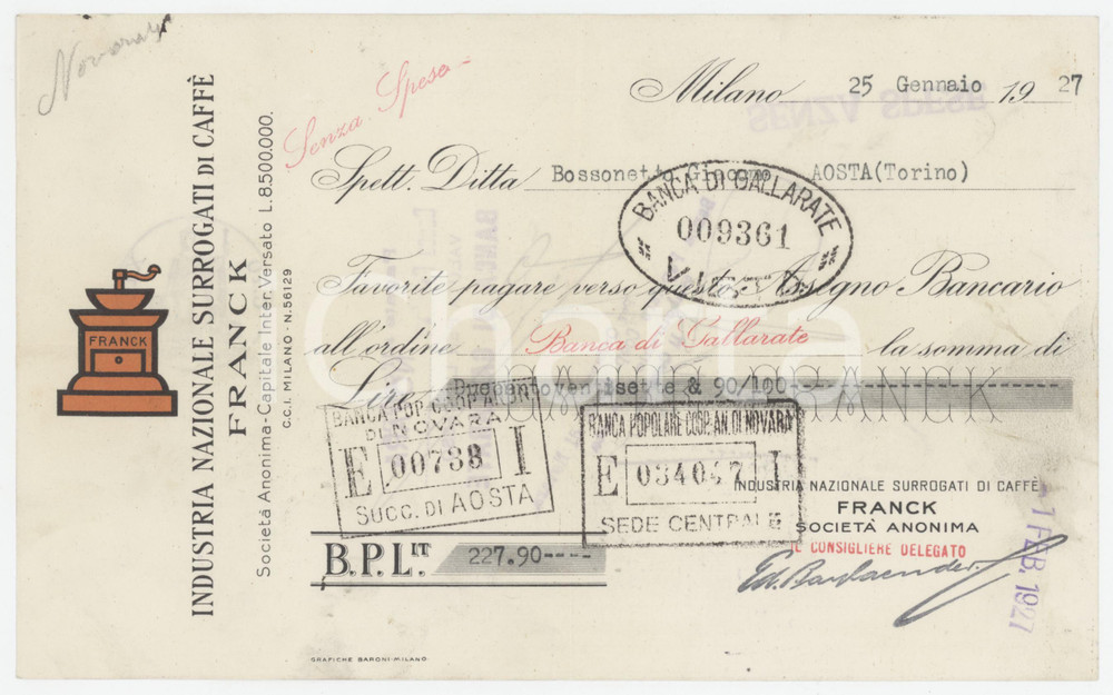 1927 MILANO FRANCK Industria Surrogati di Caffè - Assegno bancario pubblicitario