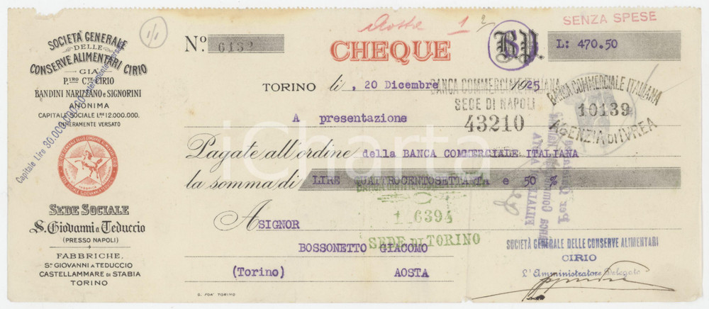 1925 TORINO - CIRIO Società conserve alimentari - Assegno bancario pubblicitario