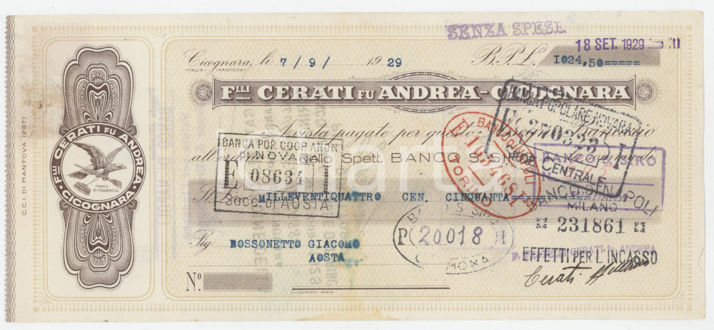 1929 CICOGNARA (MN) F.lli CERATI fu Andrea - Assegno bancario pubblicitario