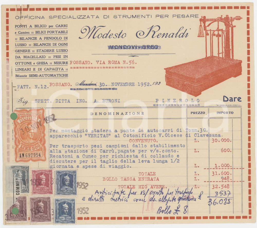 1952 FOSSANO (CN) Modesto RENALDI Officina di strumenti per pesare - Fattura