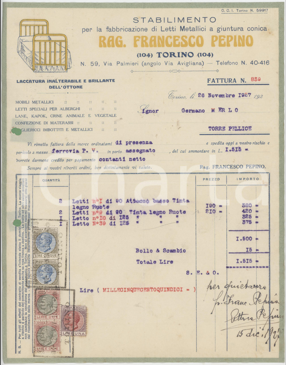 1927 TORINO - Stabilimento Rag. Francesco PEPINO Letti metallici - Fattura