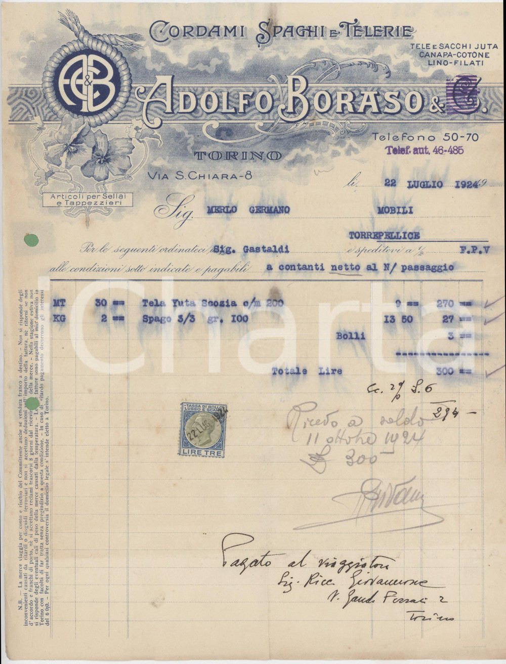 Documento originale, autentico 1924 TORINO  Adolfo BORASO & C. Tela juta Scozia e Spago  Fattura illustrata 1