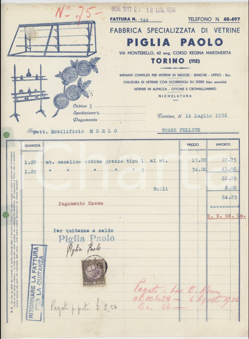 Documento originale, autentico 1936 TORINO via Montebello 42  Paolo PIGLIA Fabbrica di vetrine  Fattura 1