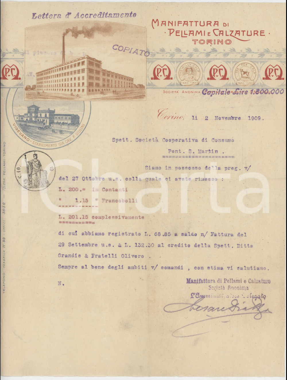 Documento originale, autentico 1909 TORINO  S.A. Manifattura di Pellami e Calzature  Lettera accreditamento 1