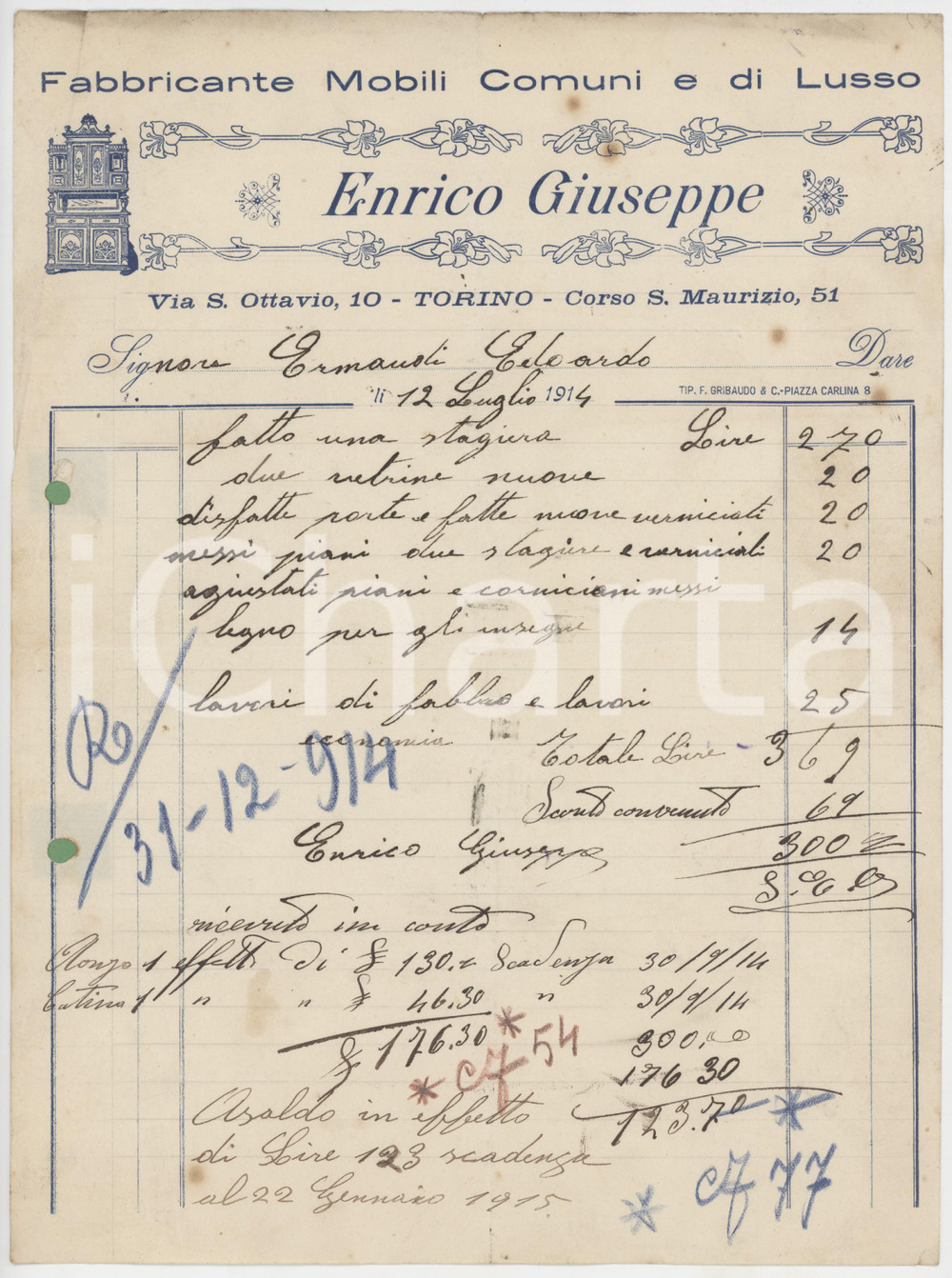 Documento originale, autentico 1914 TORINO Via S. Ottavio  Enrico GIUSEPPE Fabbricante Mobili  Fattura 1