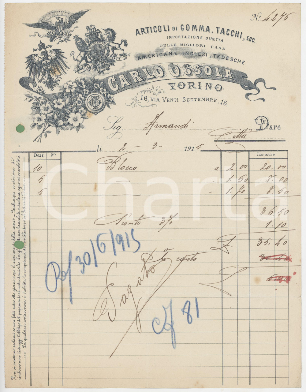 1915 TORINO Via XX Settembre 16 - Carlo OSSOLA Articoli di gomma - Fattura