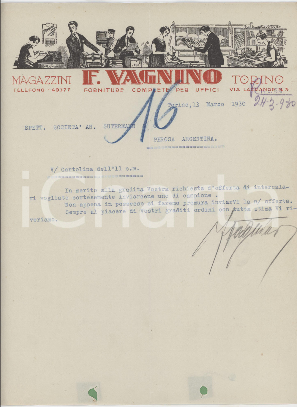 1930 TORINO via Lagrange 3 - F. VAGNINO Forniture per uffici - Lettera Lettera commerciale d'epoca dattiloscritta, su carta intestata illustrata.Torino, Via Lagrange n. 3.PAGINE: 1 FAIR/discreto piegature d'epoca; fori da classificatore; lieve strappo al margine inferiore Formato: 23x29 cm originale e autentica 1