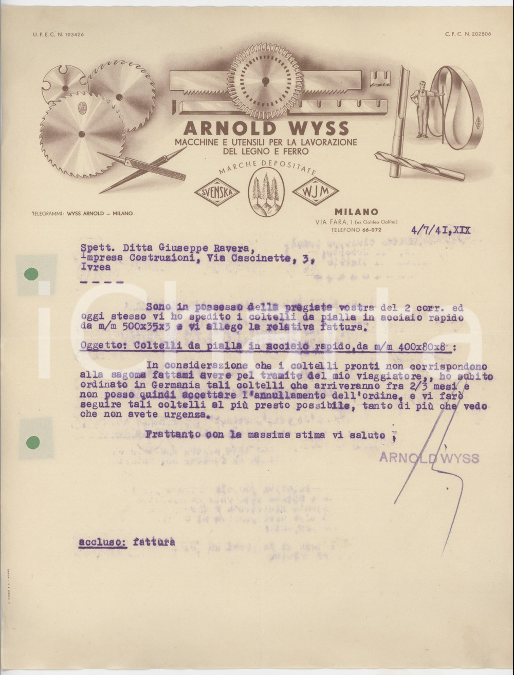 Documento originale, autentico 1941 MILANO  Arnold WYSS Invio coltelli da pialla in acciaio rapido  Lettera 1