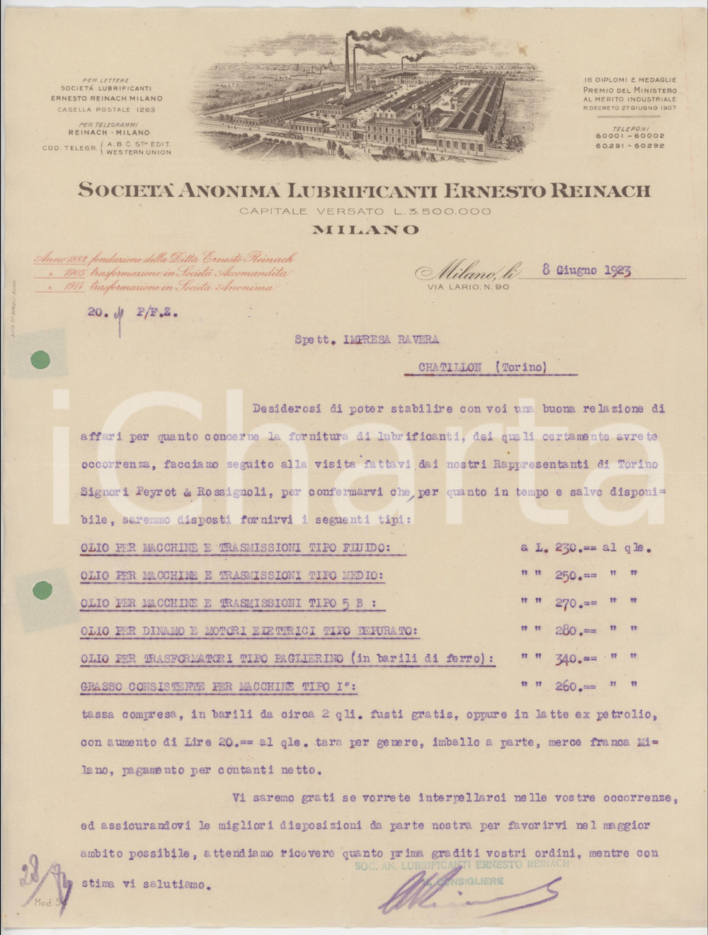 1923 MILANO Società Anonima Ernesto REINACH Fornitura di lubrificanti - Lettera