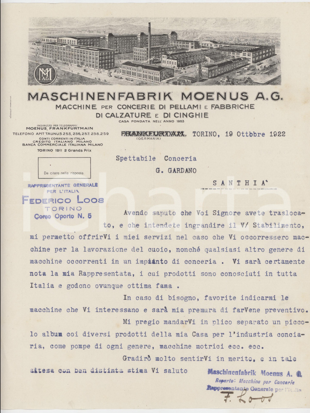 1922 TORINO Maschinenfabrik MOENUS A. G. Macchine per lavorazione cuoio *Lettera