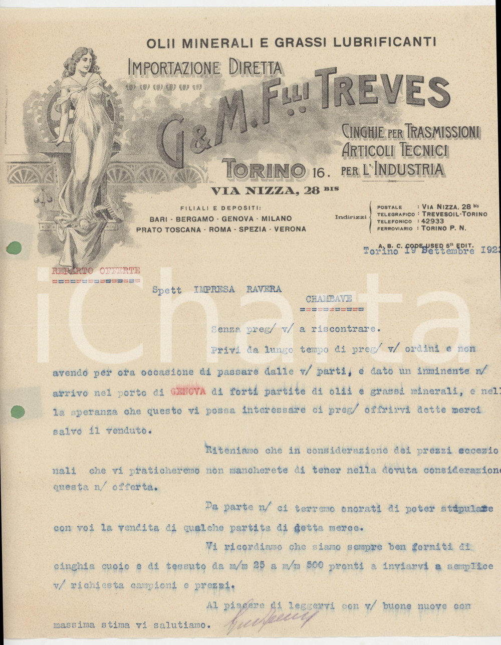 1923 TORINO Via Nizza - G. & M. F.lli TREVES Olii e grassi lubrificanti ^Lettera