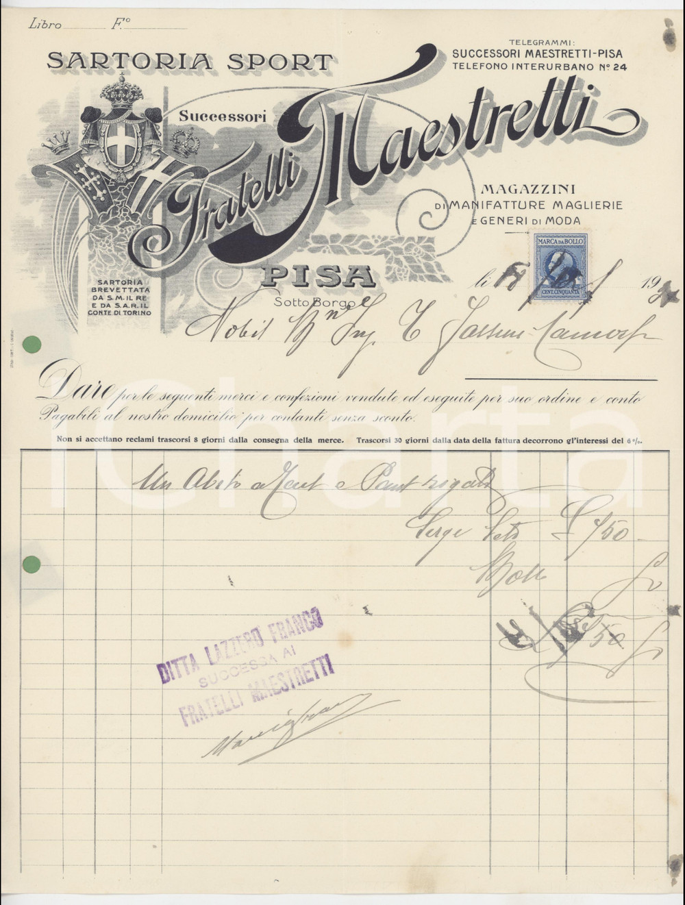 1910 ca PISA Sotto Borgo - Successori Fratelli MAESTRETTI Sartoria Sport FATTURA