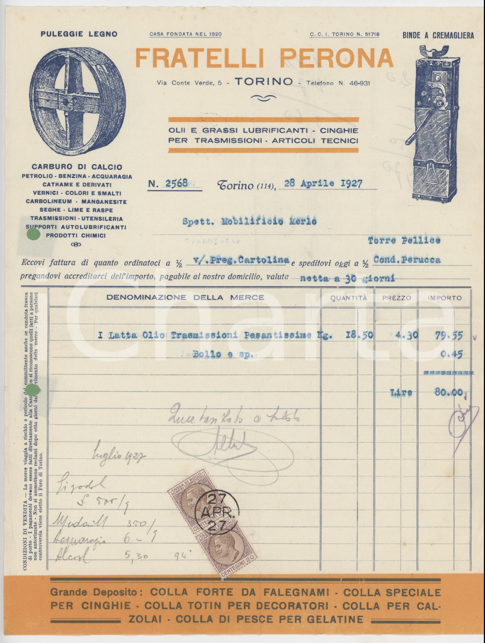 1927 TORINO Via Conte Verde 5 Fratelli PERONA Olii e grassi lubrificanti Fattura