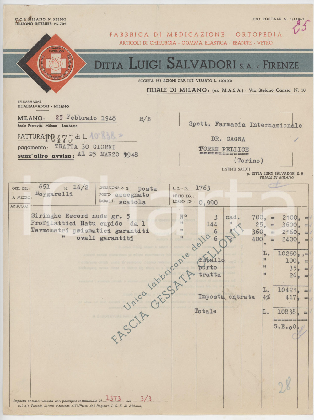 1948 MILANO - Ditta Luigi SALVADORI S.A. Fabbrica di medicazione - Fattura