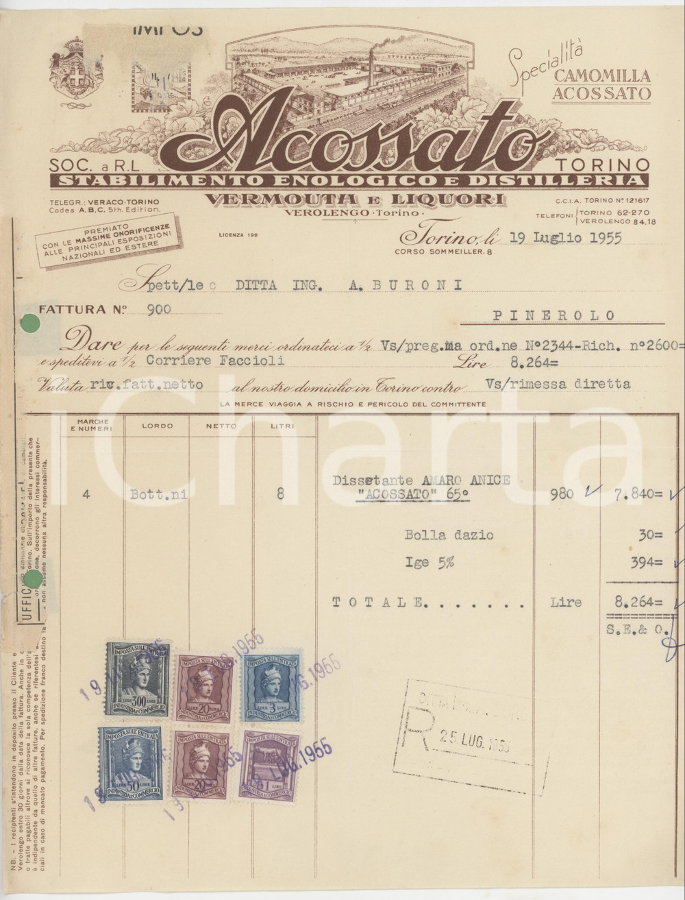 Documento originale, autentico 1955 TORINO  ACOSSATO Stabilimento enologico e distilleria  Anice 65°  Fattura 1
