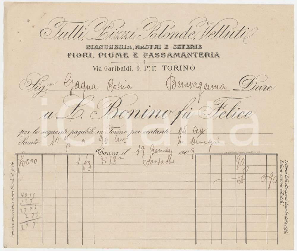 1909 TORINO Via Garibaldi 9 - L. BONINO fu Felice Biancheria e seterie - Fattura