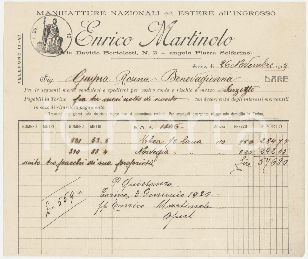 1919 TORINO Enrico MARTINOLO Manifatture Nazionali ed Estere *Fattura per filati