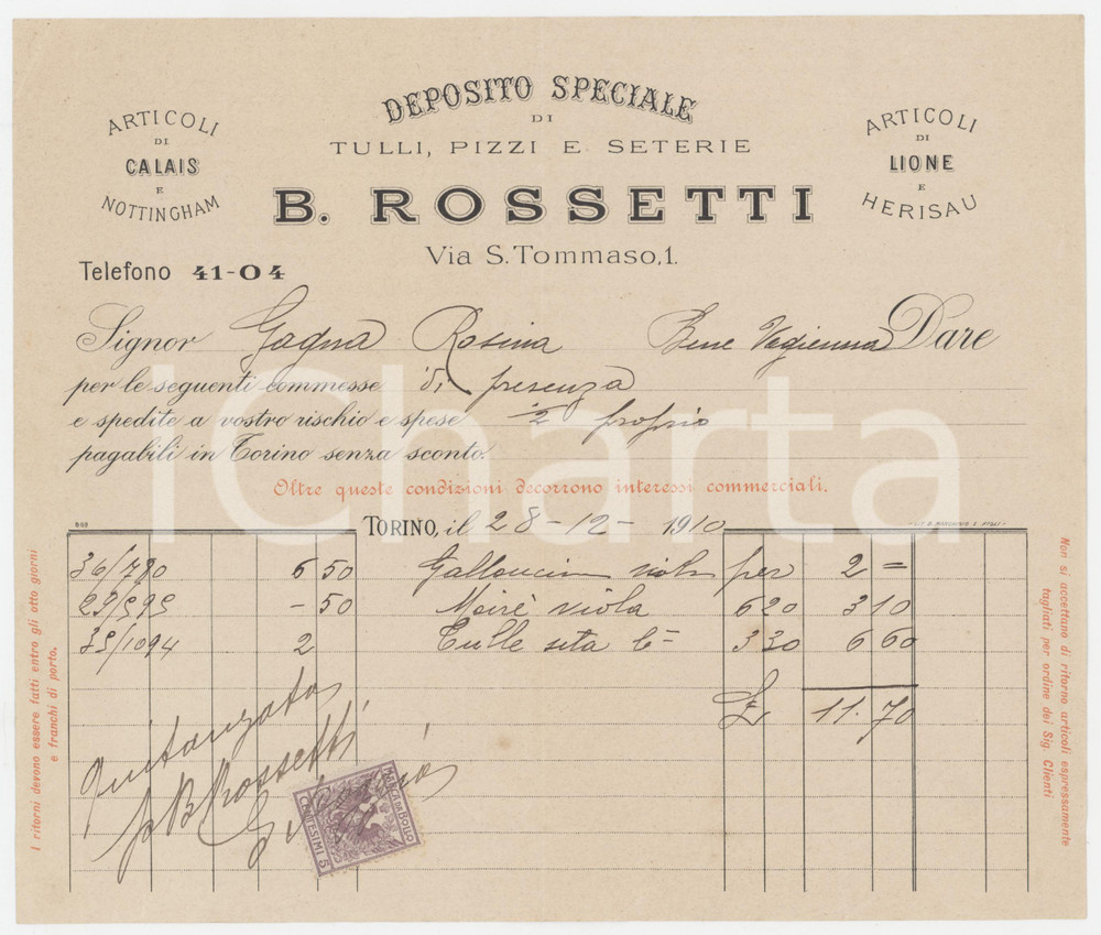 1910 TORINO B. ROSSETTI Deposito speciale di tulli, pizzi e seterie - Fattura