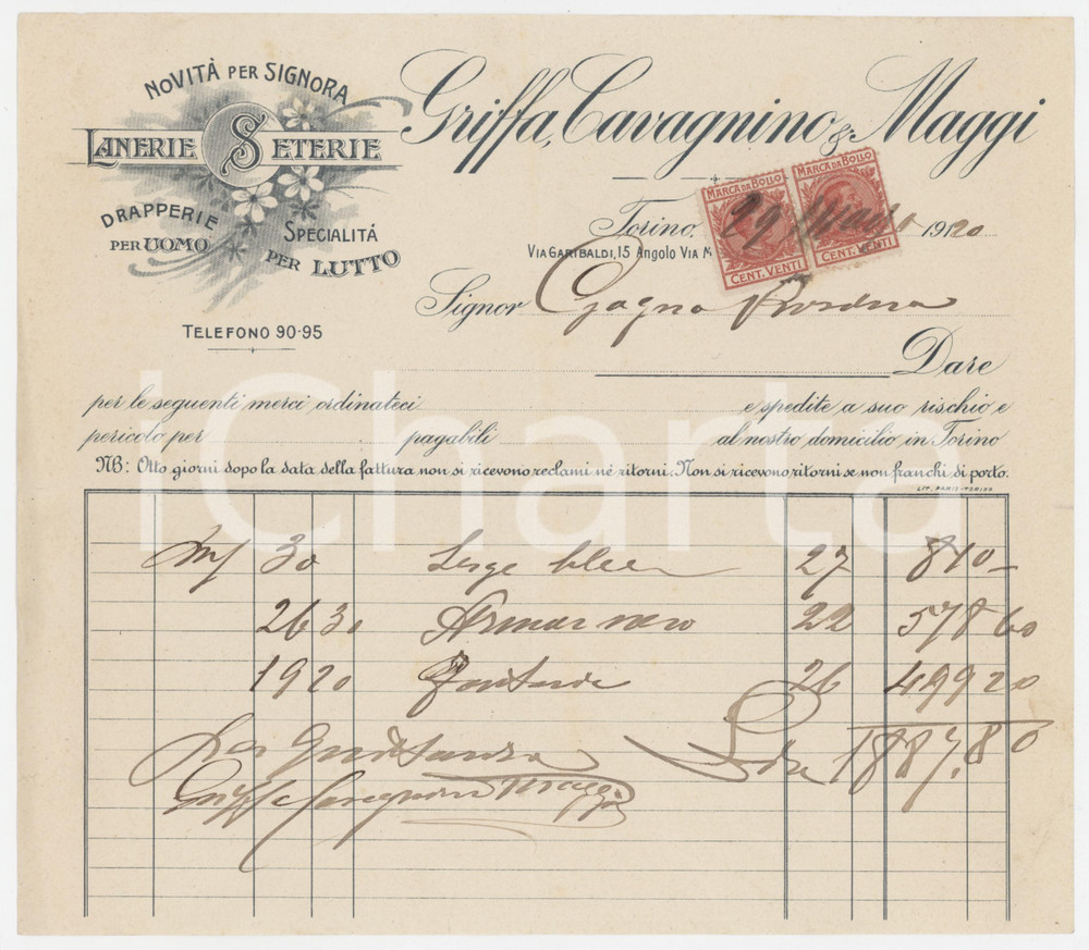 1920 TORINO - GRIFFA, CAVAGNINO & MAGGI Lanerie e Seterie - Fattura commerciale