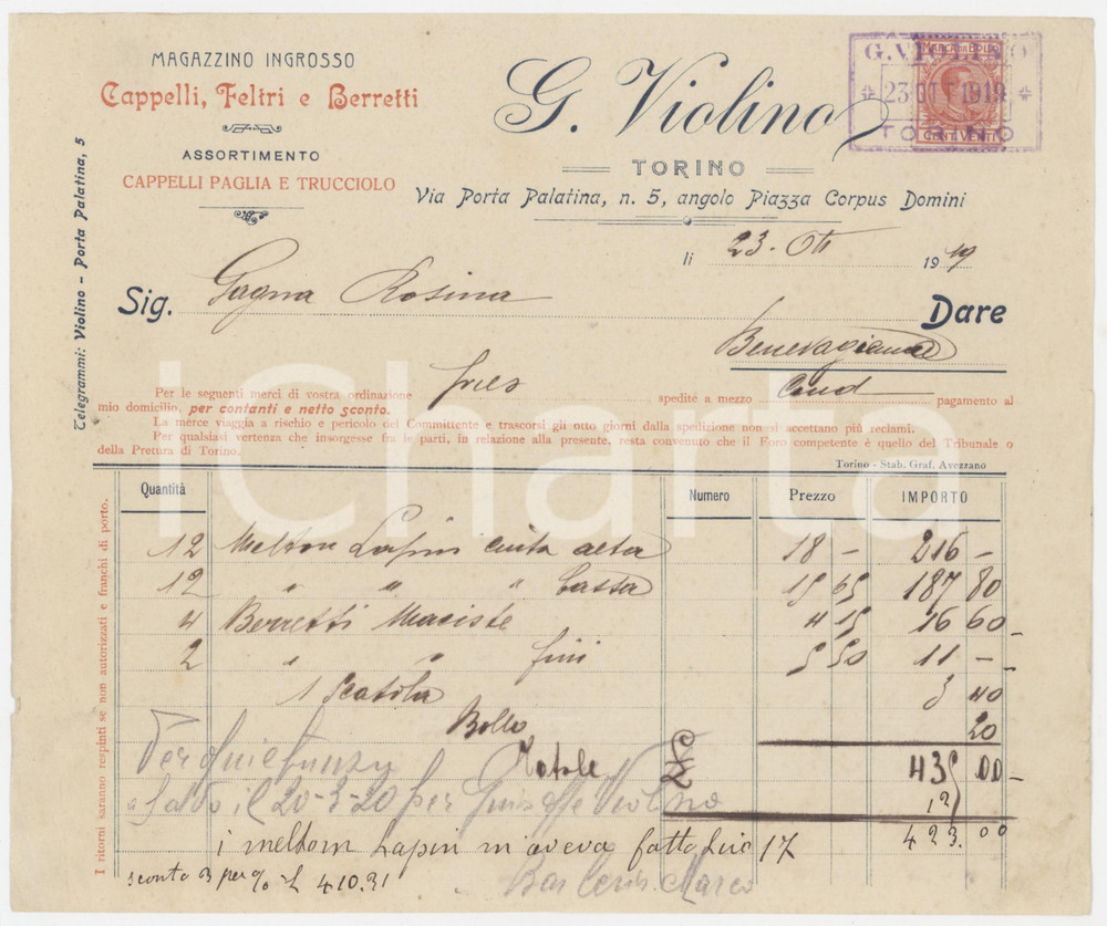 1919 TORINO - G. VIOLINO Magazzino ingrosso cappelli, feltri e berretti *Fattura