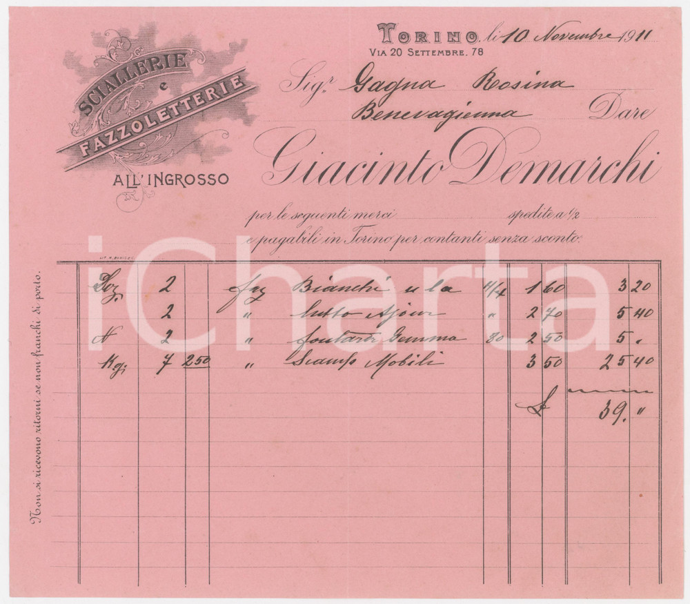 1911 TORINO Giacinto DEMARCHI Sciallerie e Fazzoletterie all'ingrosso - Fattura