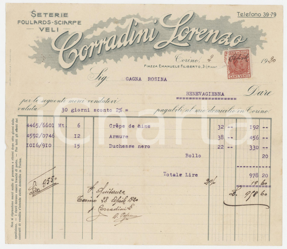1920 TORINO Piazza Emanuele Filiberto 3 - Lorenzo CORRADINI Tessuti - Fattura
