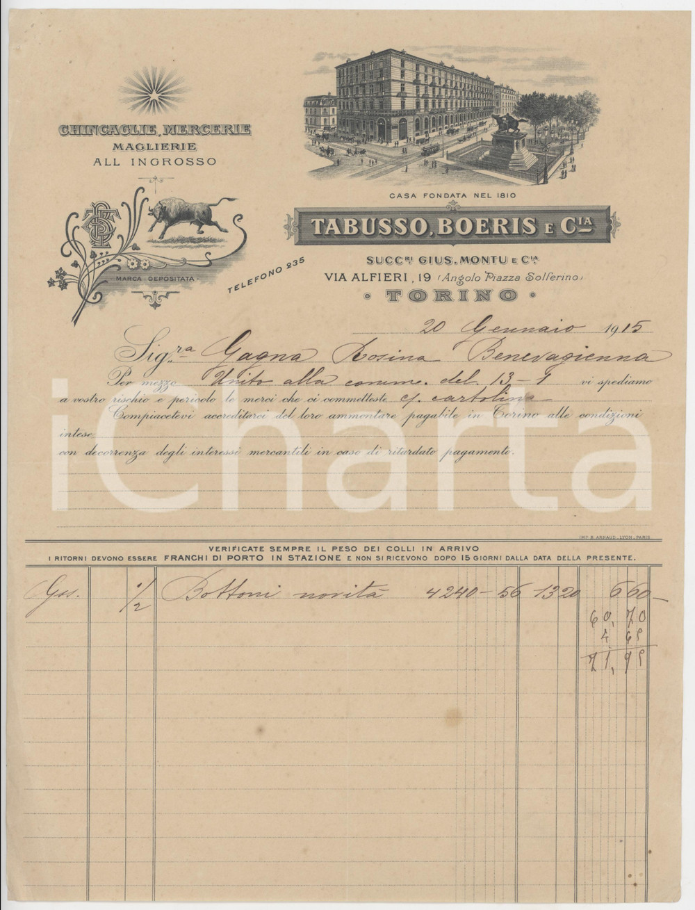 1915 TORINO - TABUSSO, BOERIS & C.ia Chincaglie e Mercerie - Fattura per bottoni