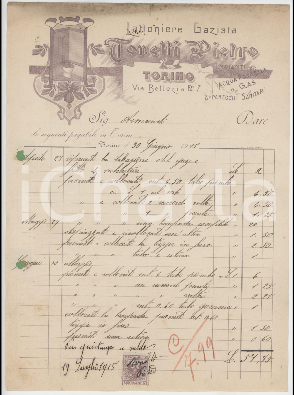 1915 TORINO Via Bellezia 7 - Pietro TONETTI Lattoniere Gazista - Fattura