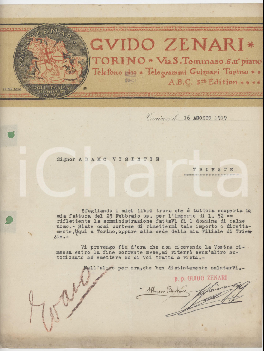 Documento originale, autentico 1919 TORINO Via S. Tommaso 6  Guido ZENARI  Lettera commerciale 1