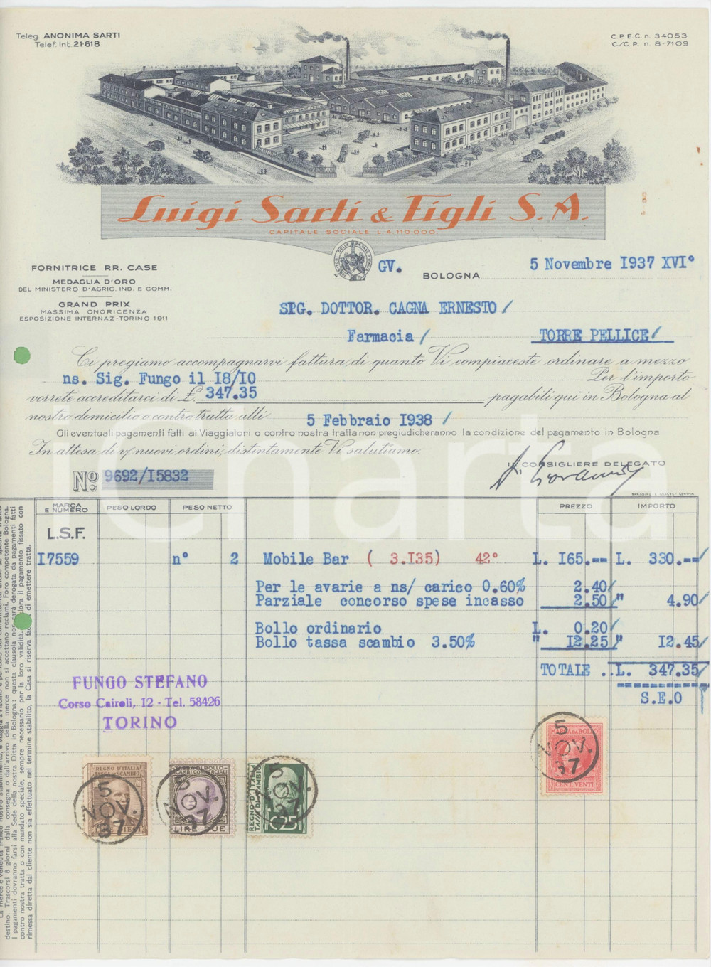 1937 BOLOGNA Luigi SARTI & Figli S.A. Fornitrice RR. Case - Fattura mobile bar