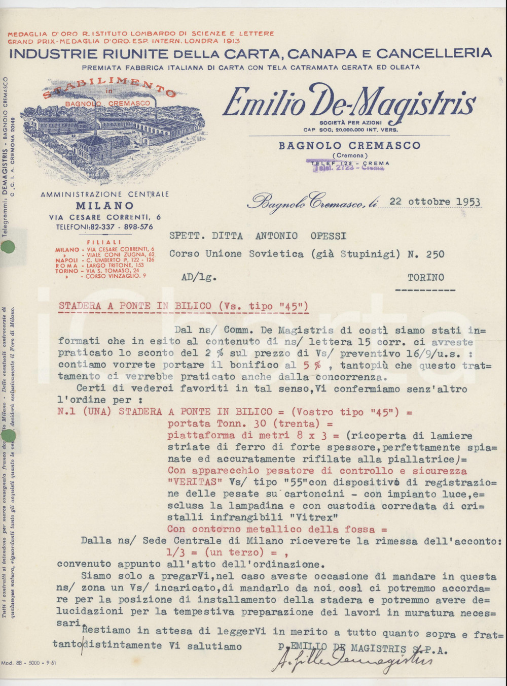 1953 BAGNOLO CREMASCO (CR) Emilio DE MAGISTRIS Fabbrica di carta - Lettera