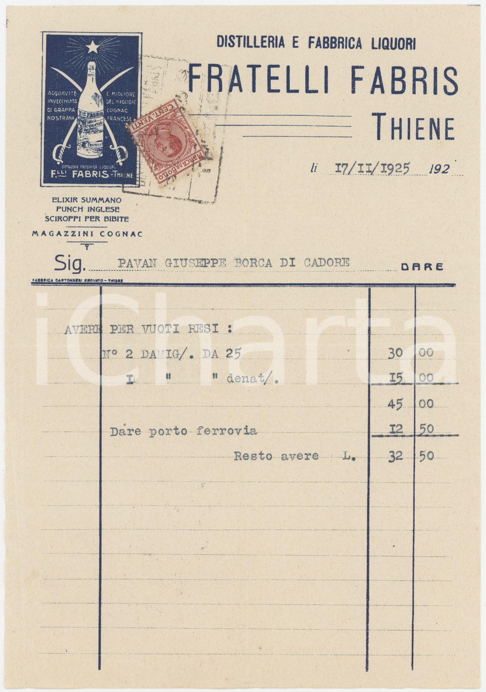 1925 THIENE (VI) Fratelli FABRIS Distilleria e Fabbrica liquori - Fattura Fattura commerciale d'epoca dattiloscritta, su carta intestata.Presente marca da bollo.PAGINE: 1 FAIR/discreto piegature d'epoca Formato: 16x22 cm originale e autentica 1