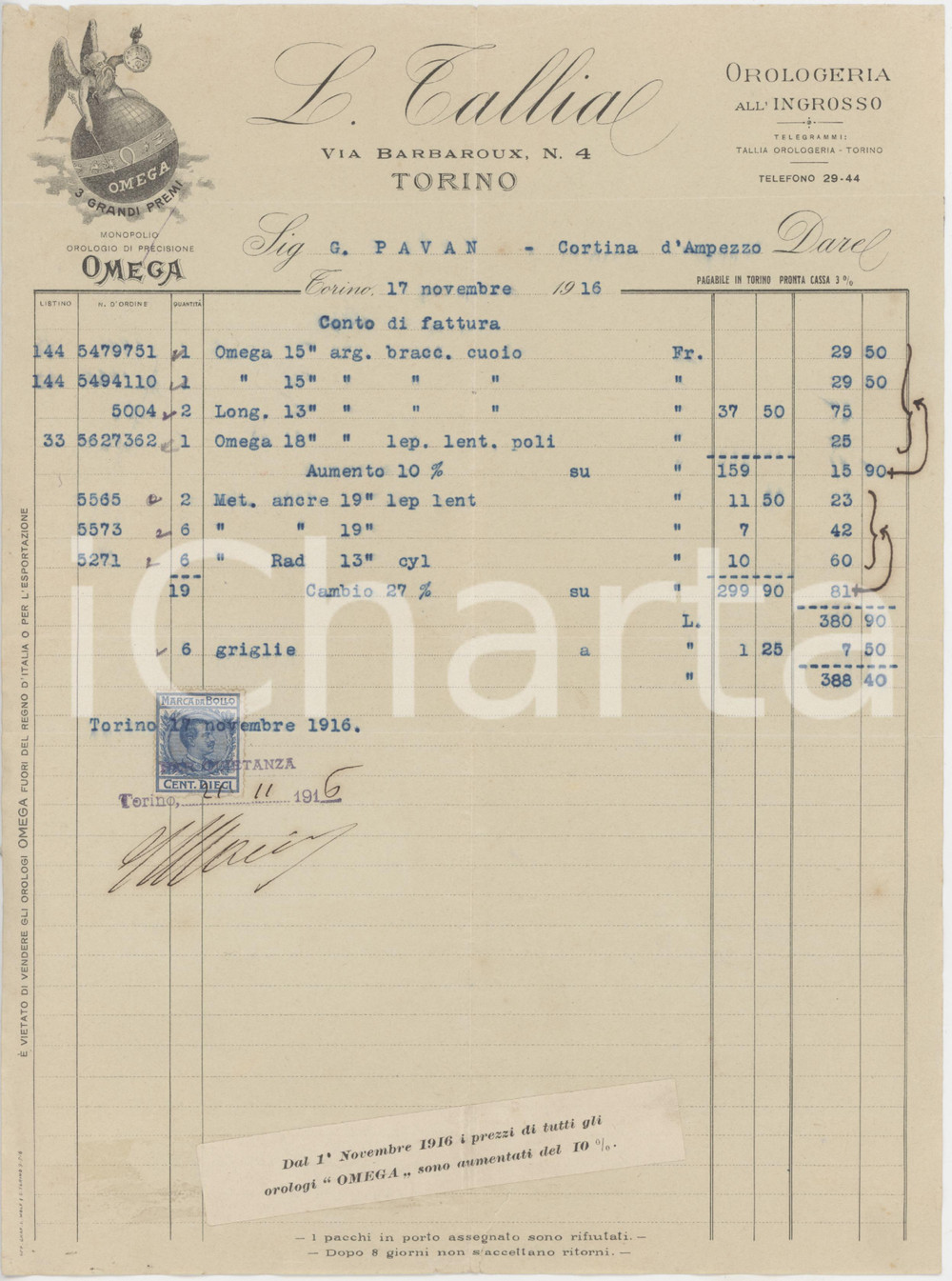 1916 TORINO Via Barbaroux 4 - L. TALLIA Orologi OMEGA e LONGINES - Fattura Fattura commerciale d'epoca dattiloscritta, su carta intestata.Presente marca da bollo.PAGINE: 1 POOR/danneggiato piegature d'epoca; strappi marginali; minime mancanze al margine superiore; residui di colla al lato inferiore Formato: 21x28 cm originale e autentica 1