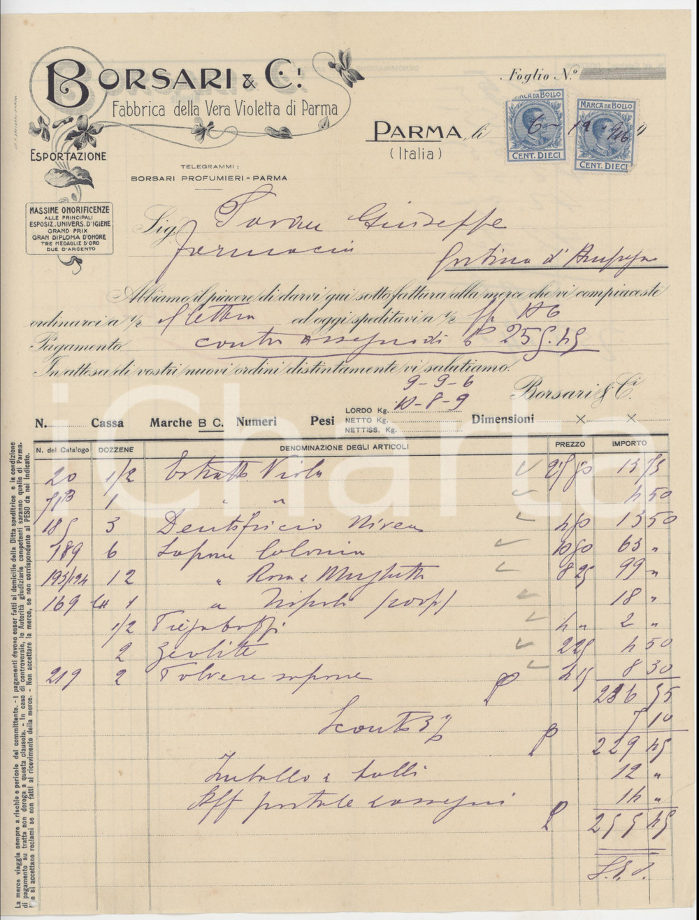 1916 PARMA BORSARI & C. Fabbrica della Vera Violetta di Parma - Fattura Fattura commerciale d'epoca manoscritta, su carta intestata.Presenti marche da bollo.PAGINE: 1 FAIR/discreto piegature d'epoca; piccolo foro al lato inferiore Formato: 22x28 cm originale e autentica 1