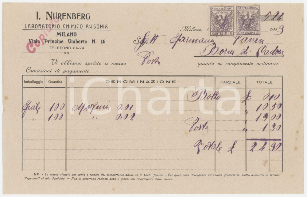 1919 MILANO Viale Principe Umberto 16 I. NÜRENBERG Laboratorio Chimico - Fattura
